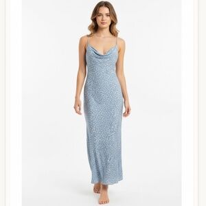 American Eagle Floral Maxi Dress Blue White Spaghetti Strap‎ Cowl Neck M